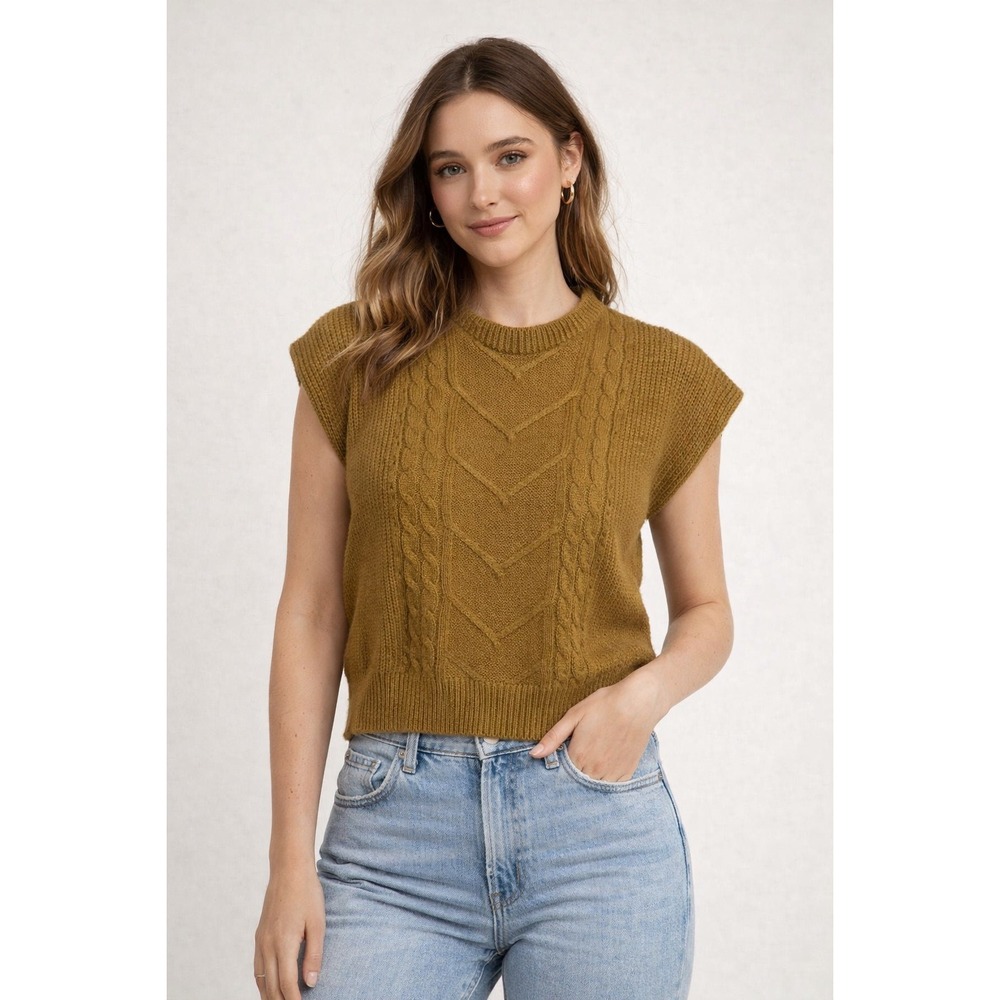 Commense Mock Neck Cable Knit Sleeveless Sweater Vest Olive Green Size M - Picture 2 of 8